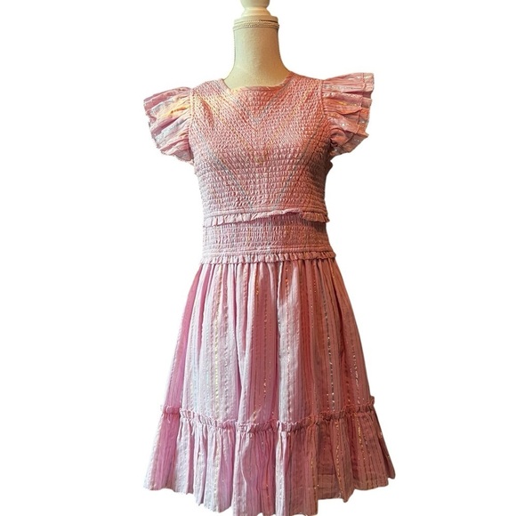 SAYLOR Dresses & Skirts - SAYLOR Blush Pink Tiered Zinnia Dress With Metallic Striped Threads Size Medium